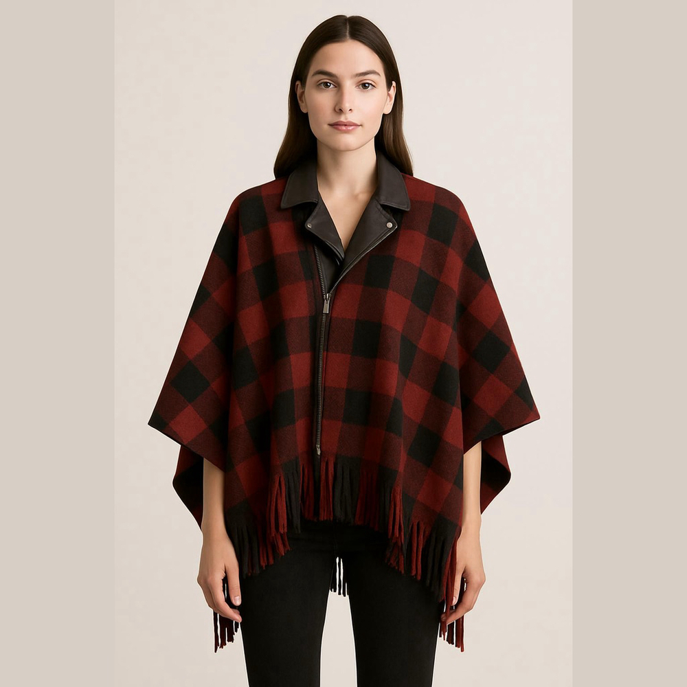 Luii Red Buffalo Check Plaid Moto Collar Cape Poncho with Fringe Hem Size S/M